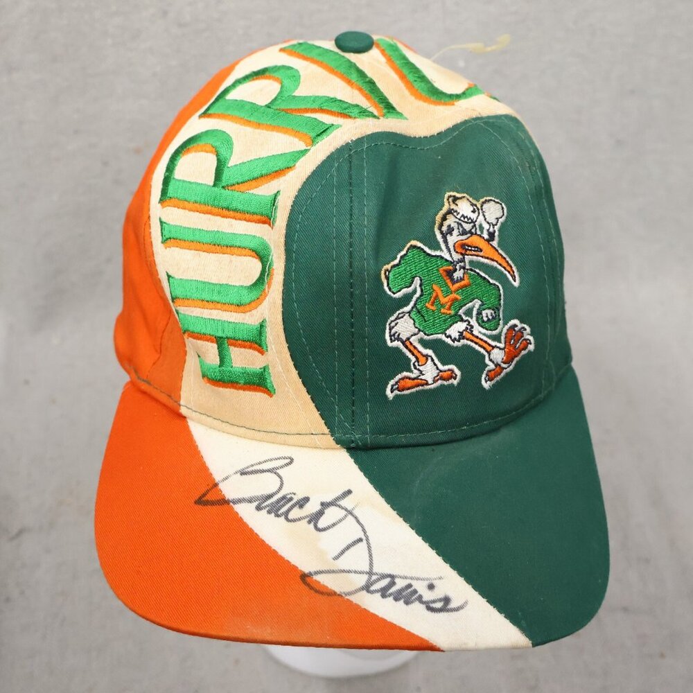Vtg Rare 90s Miami Hurricanes NCAA Hat Cap Swirl Snapback BUTCH DAVIS Autograph